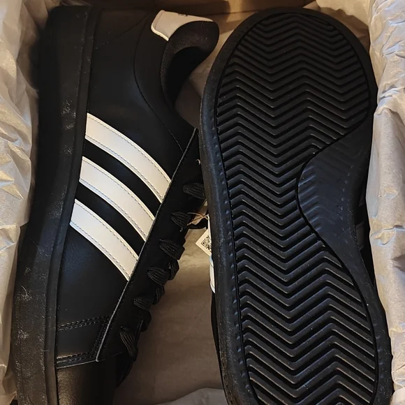 NWT Adidas Men's Black Sneakers with White Stripes - Picture 4 of 8